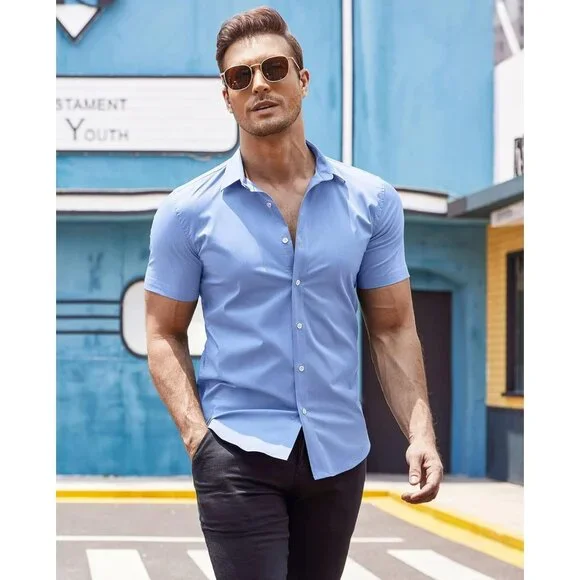 Stylish Light Blue Slim Fit Short Sleeve Shirt For Men Casual Summer Comfort